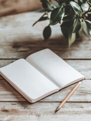 Open notebook with pencil placed on bright wooden desk in spacious area suitable for writing and creativity. Generative AI