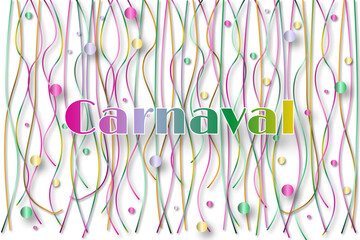 Cart&atilde;o / fundo de carnaval com serpentinas e confetes coloridos caindo, texto degrad&ecirc;.