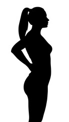 Fototapeta premium Silhouette of a woman experiencing back pain while standing in profile, copy space