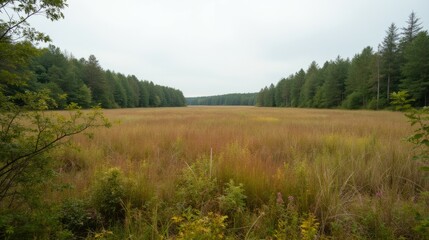 Fototapeta premium Serene Meadow Surrounded by Lush Green Forest Under Cloudy Sky