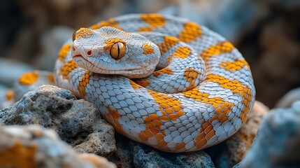 Obraz premium Macro Photography of Gaboon Viper Camouflage Among Rocks and Nature's Colors