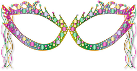 M&aacute;scara de carnaval colorida, com apliques e serpentinas.