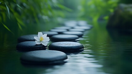 Tranquil Zen Spa Stones on Water Surrounded by Bamboo and White Flower in an Abstract Background for Wellness Imagery