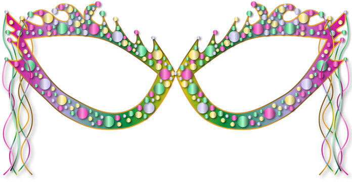 M&aacute;scara de carnaval colorida, com apliques e serpentinas.