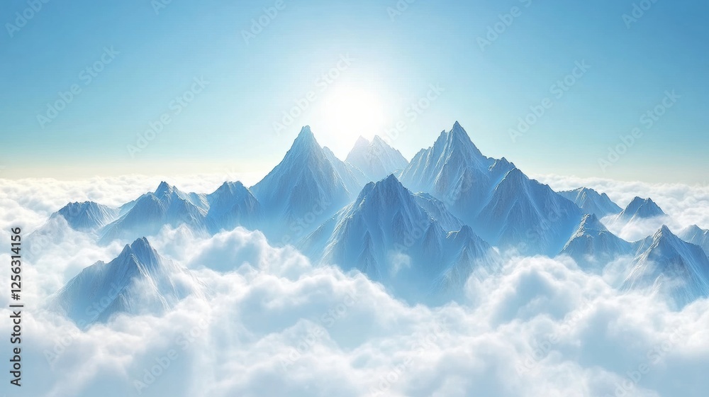 Poster Majestic mountain range above soft clouds under a clear blue sky with ample space for creative text. Generative AI