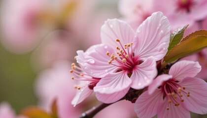 Fototapeta premium Close-up of raindrop-kissed cherry blossoms, vibrant spring beauty