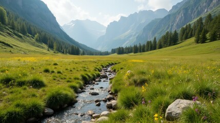 Obraz premium Serene Mountain Landscape with Flowing Stream and Green Meadow