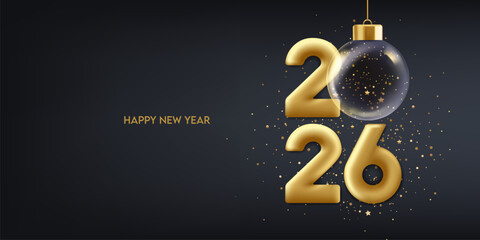 Happy new year 2026. Golden numbers with transparent Christmas ball and confetti, holiday greeting card design. © alex83m
