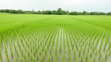 Lush Green Rice Field in Grow Stage Under Overcast Sky