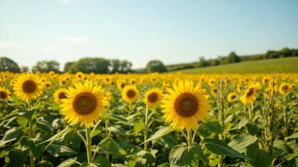 Obraz premium Bright Sunflowers in Full Bloom Under Clear Blue Sky