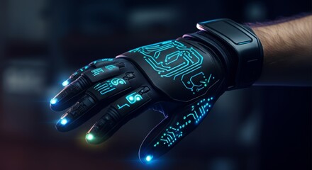 A high-tech motion-sensor glove used for immersive gaming, glowing with built-in LED circuits. Advanced wearable technology concept.