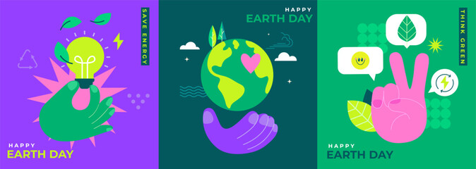 Set conceptual cards for Earth Day,world environment day.Save energy,take care of world,think green live in eco friendly world. Posters, flyers for web, social media, design,marketing and print.Vector