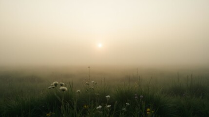 Serene Morning Fog with Sunlight Over Grassy Field and Wildflowers