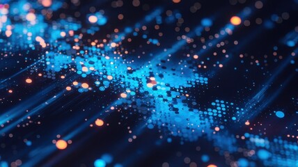 Naklejka premium A vibrant digital abstract featuring blue and orange glowing dots and streaks, conveying a sense of motion and technology.