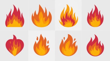 A vibrant collection of flame illustrations featuring various fiery shapes, ideal for design and creative projects.