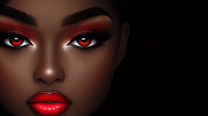 Fototapeta premium Woman's face, red makeup, dark background, beauty
