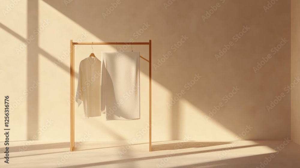 Poster minimalist clothing rack displays neatly arranged garments in a bright, sunlit room with soft shadow