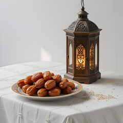 Sweet dates and ornate lantern festive ramadan table setting eid food gold on transparent background