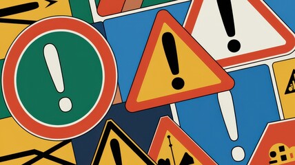 An abstract arrangement of colorful warning and alert signs featuring exclamation marks, creating a visually striking and cautionary design.
