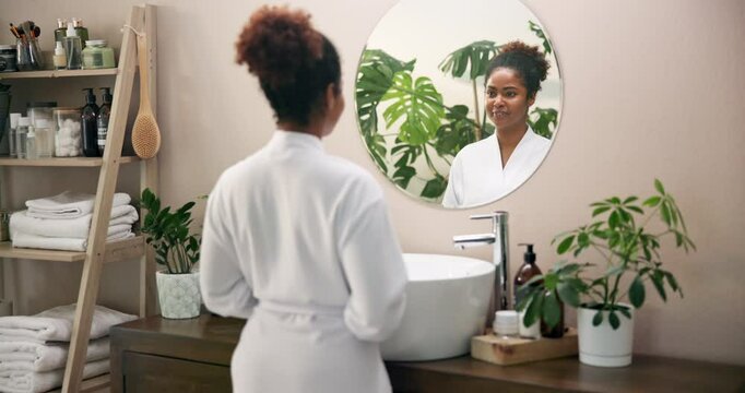 Mirror, talking and black woman in bathroom, confident and preparation for speech for vlog, influencer and smile. Reflection, blogger and practice for brand post in house, skincare and treatment