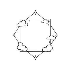 Stylized cloud frame, containing stars, clouds, and a square, surrounded by a diamond shape.