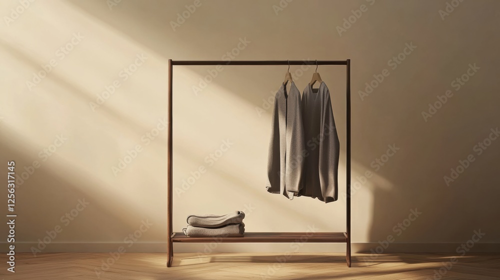 Poster minimalist clothing rack showcasing neatly arranged garments in warm sunlight during afternoon hours
