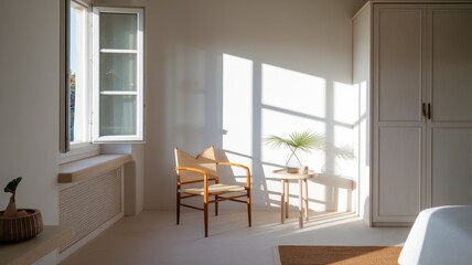Bright and airy bedroom featuring a wooden chair and a stylish side table, exuding a serene mood with soft shadows and natural light.