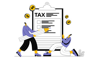 Two characters filling in a tax form. Vector illustration on the topic of taxes and personal finance. Modern vector illustration in a linear style.