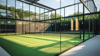 Padel tennis court with synthetic grass surface and surrounding glass walls , sports, recreation, outdoor, paddle, tennis, court