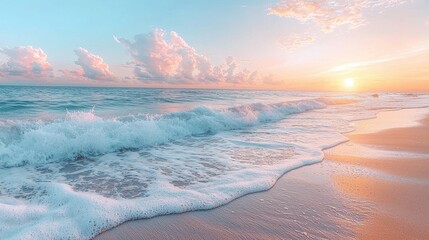 Naklejka premium Pastel Sunrise Beach Scene: A Dreamy Coastal Paradise