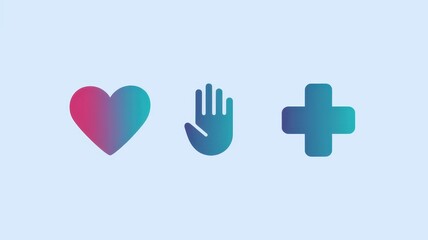 Fototapeta premium A modern graphic featuring stylized icons of a heart, hand, and medical cross against a soft blue background.