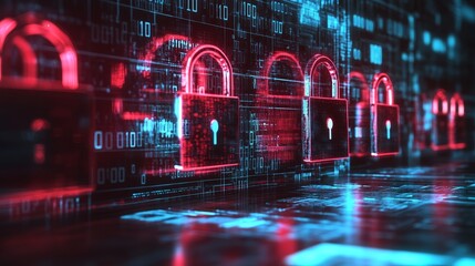 Fototapeta premium Abstract Cybersecurity Background With Glowing Red Locks and Digital Grid Highlighting Data Protection and Internet Security Concepts