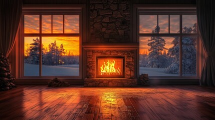 Cozy Living Room Interior with Glowing Fireplace and Large Windows Overlooking Forest at Sunset Creating Warm and Inviting Atmosphere