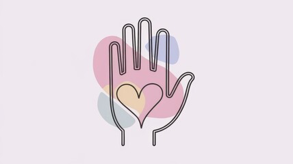 Obraz premium Stylized line drawing of two hands, one within the other, forming a heart shape. Soft pastel colors add a warm and inviting feel to the design.