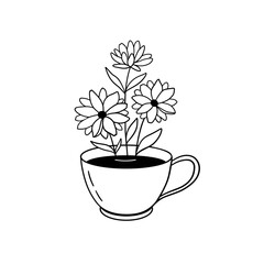 Daisies in a coffee cup. Cute cottagecore illustration with flowers in a mug. Vector hand drawn doodle