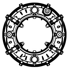 Circular black and white vector illustration depicting a gear-like mechanical component in a circular shape, highlighting a detailed view.