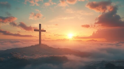 Fototapeta premium Sunrise Worship Service With a Cross Silhouette and a Vibrant Sky in a Serene Landscape Symbolizing Faith, Peace, and Spiritual Connection