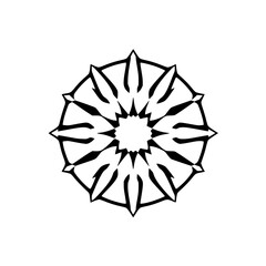 Geometric mandala in black and white, showcasing a radially symmetrical, ornate and stylized design.