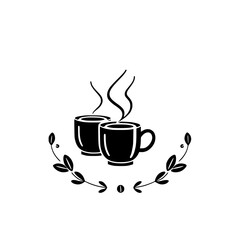 Silhouette of two coffee cups with steam, with a decorative floral element below.
