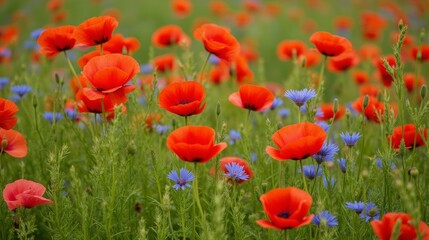 Fototapeta premium Vibrant Red Poppies and Blue Wildflowers in a Lush Green Field
