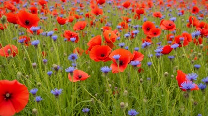 Obraz premium Vibrant Red Poppies with Blue Flowers in a Sunny Meadow Landscape