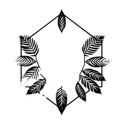 Geometric frame adorned with leaves, featuring an elegant grayscale botanical illustration.
