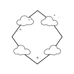 Black and white illustration of a stylized diamond-shaped frame with four fluffy clouds and tiny stars, evoking simplicity and openness.