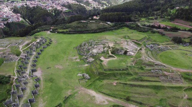 Impressive aerial view of sacsayhuaman fortress walls and ruins near cusco city