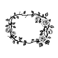 Black and white oval-shaped floral wreath with roses.