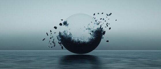 Digital illustration of a large, spherical object floating on the surface of the water. the object appears to be made up of small, irregularly shaped pieces that are scattered around it.