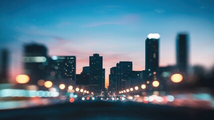 A blurred city skyline at dusk, featuring tall buildings and illuminated streetlights creating a dreamy, atmospheric scene.