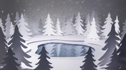 Obraz premium A serene winter landscape featuring white paper pine trees surrounding a tranquil pond, creating a magical snowy scene.