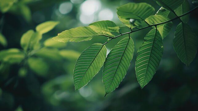 Branch of green Kratom leaves on a natural background, Kratom, Mitragyna speciosa, plant, branch, green