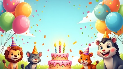 Fototapeta premium fun and vibrant kids birthday background with colorful balloons, cartoon animals and a delicious cake perfect for cheerful birthday invitations and decorations 